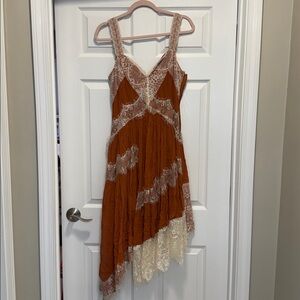 Anthropologie Orange and Cream Lace Midi Dress
